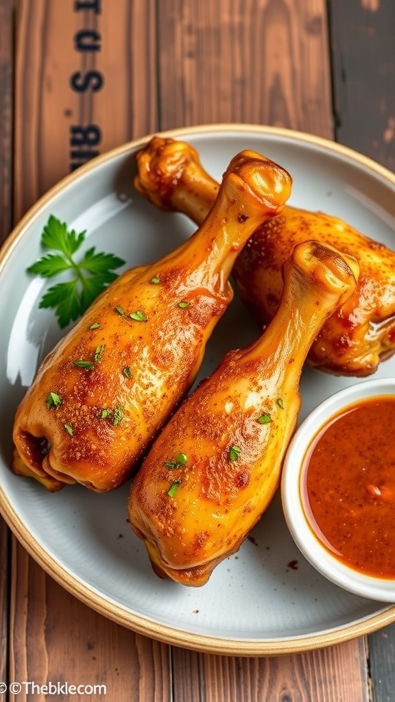 Seasoned chicken drumsticks on a plate with herbs and dipping sauce.